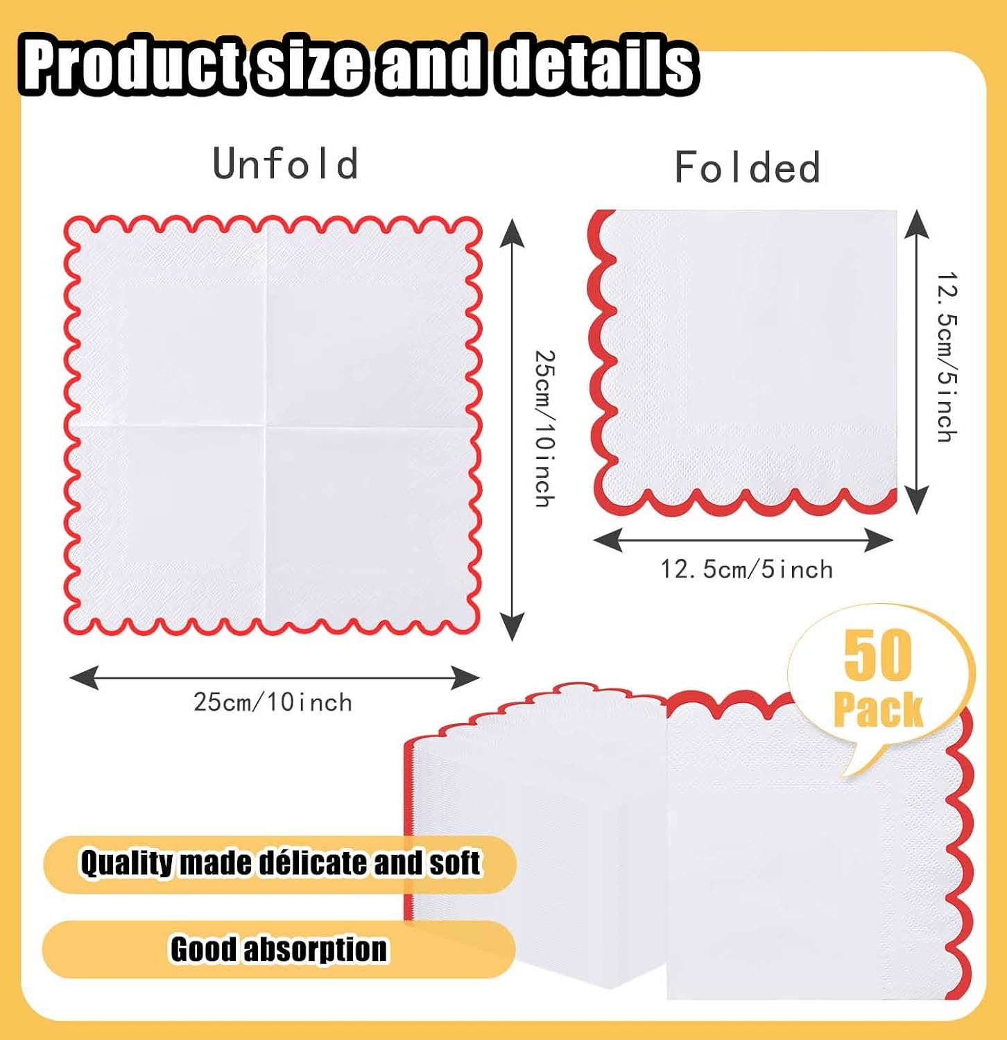 50 Pieces 3-ply Red Scalloped Napkins Folded 5 x 5 Inches Disposable Paper Napkin Cocktail Napkins for Dinner Wedding Birthday Party