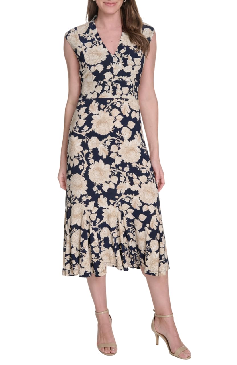 Women's Cap Sleeve V Neck Empire Midi Dress