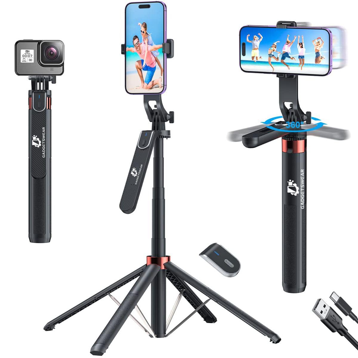 GadgetsWear Selfie Stick with Tripod Stand 360 Degree (6 Months Extended Warranty) Selfie Stick 71-inch, Bluetooth Selfie Stick with Balance Handle, Rechargeable Bluetooth Remote with1/4 Screw- Black (B0CKYRHDZP) Amazon Price History, Amazon Price Tracker