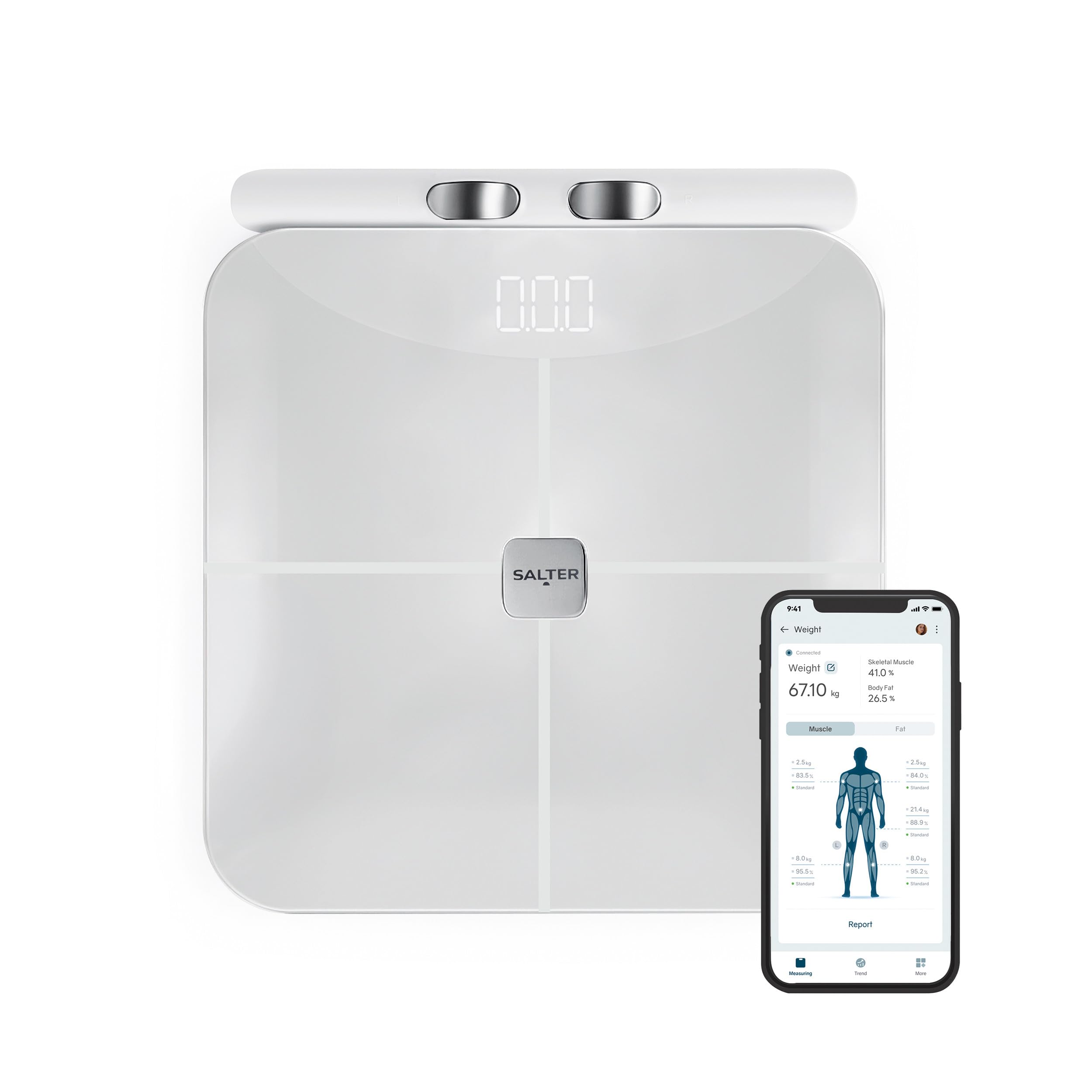 Salter Body Insight Smart Scale - Peso, Massa Grassa, Massa Muscolare, Massa Ossea, BMI, 8 Sensori ad Alta Precisione, Analisi dell'Impedenza Corporea Mano-Piede, Salter Balance App, LED, 180kg Bianco