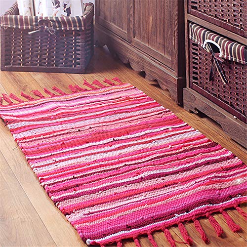 Morbuy Rose Red Area Rug Carpet Handmade Rug, Machine Washable Indian Floor Mats With Tassels Hand Woven Printed Kitchen Runner For Bedroom Living Room (60X120cm,)