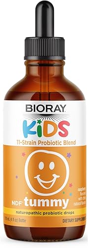 BIORAY Kids NDF Tummy, Frambuesa, 4 fl oz (4.1 fl oz) - Mezcla probiótica de 11 cepas - Apoya la respuesta inmune en el tracto gastrointestinal -