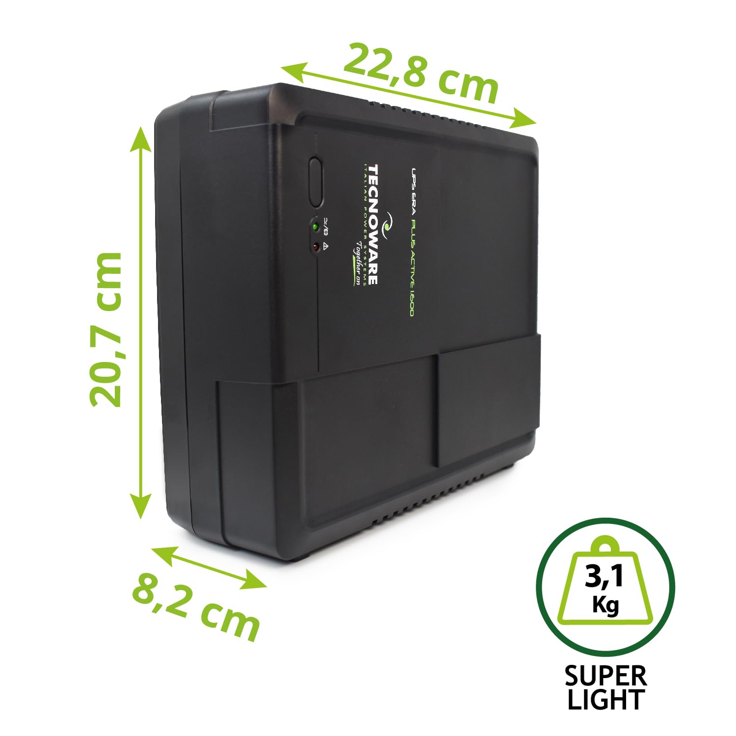 Tecnoware UPS ERA PLUS ACTIVE 1600, Protezione Blackout per PC, Mac, Console Gaming, AVR Stabilizzatore, USB, Schuko, Software Manager, Silenzioso, Batteria 12V 11Ah, 1600VA, Pronto all'uso