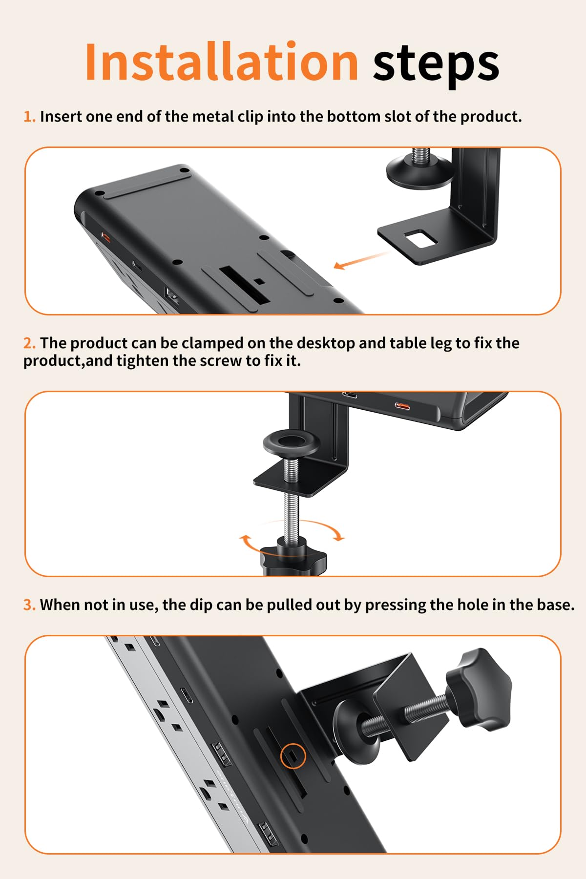 Regleta de alimentación de abrazadera para computadora de 10 pies con 5 salidas de CA y 6 puertos USB PD de 40 W USB-C de carga rápida, protector de sobretensiones 1250J se adapta a 2.6 borde superior