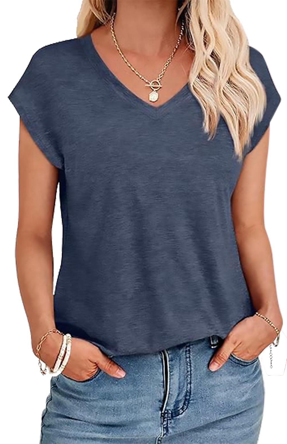 YUTILA Tshirt Damen Sommer Casual Basic Shirt Einfarbig Kurzarm Tee Tops Oberteile V Ausschnitt Locker Lässig T Shirt