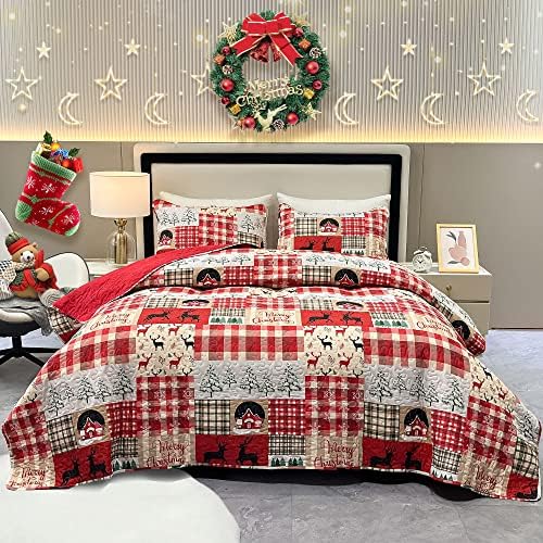 Christmas Bedspread King Size Red Xmas Tree Snowflake Reindeer Cabin Plaid Patchwork 3 Piece Reversible Quilted Coverlet Comforter Quilt Bedding Set Lightweight Blanket with Pillowcases (230 x 250cm)