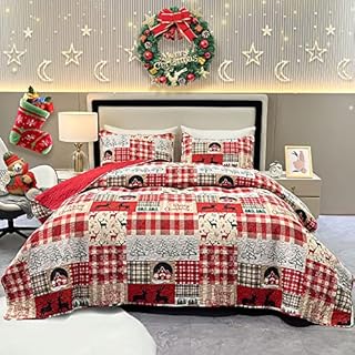 Christmas Bedspread King Size Red Xmas Tree Snowflake Reindeer Cabin Plaid Patchwork 3 Piece Reversible Quilted Coverlet Comforter Quilt Bedding Set Lightweight Blanket with Pillowcases (230 x 250cm)