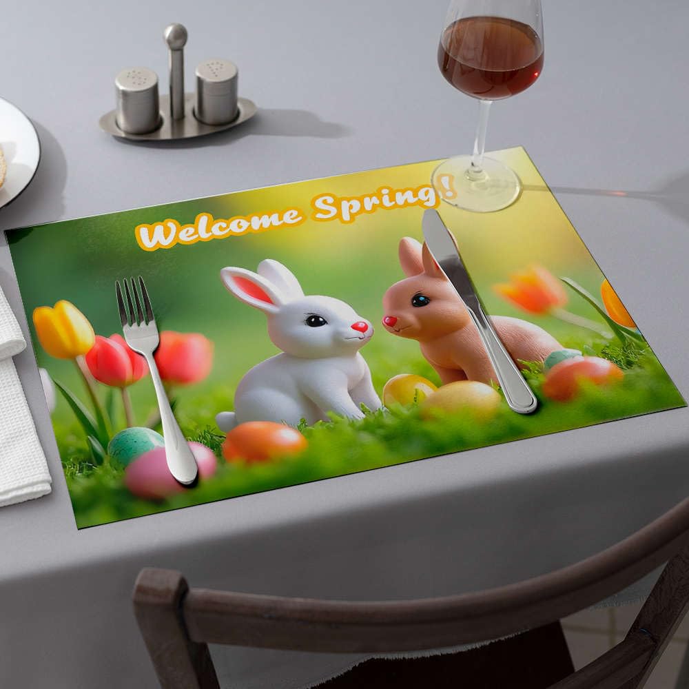 Set de table lapins aux motifs de Pâques colorés et tulipes de printemps