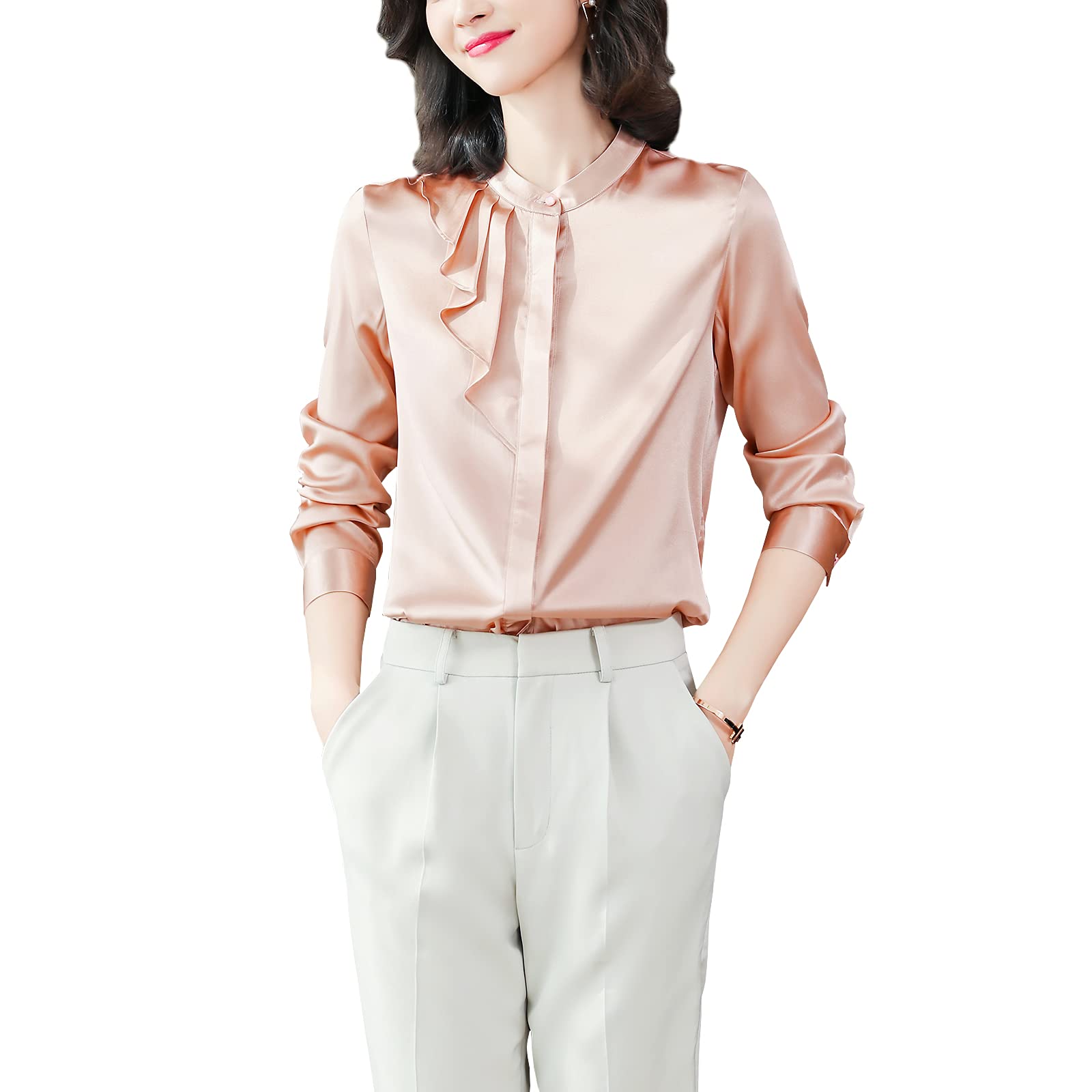 E-girl Blusa de seda para mujer, camisa de seda sólida, con botones, manga larga, cuello alto, blusa de seda, S6625