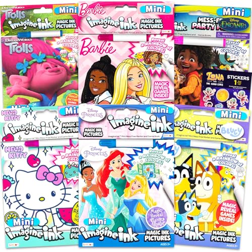 Imagine Ink Coloring Book Set - Bundle of 6 No-Mess Books Featuring Disney Princesses Hello Kitty Bluey and More | Girl Mess Free Coloring Bulk