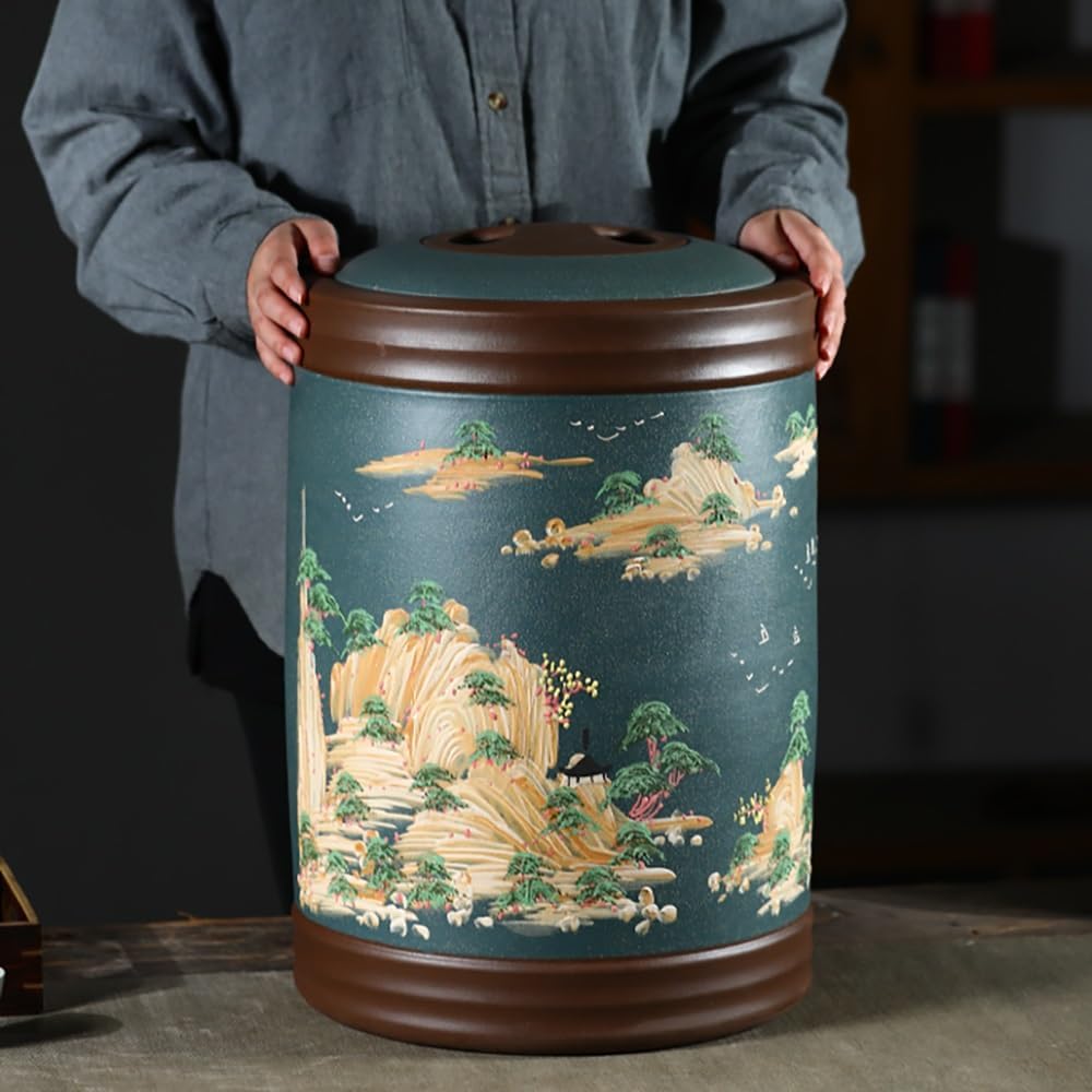 Classic Food Dispenser, Ceramic Grain Bucket with Lid, Household Rice Storage Box, Chinese Sealed Container, Large-Capacity Rice Pot(Green,22lb)