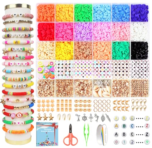 Dazhqp 5300 Stück Heishi Perlen Set, für Armbänder, Zum Auffädeln, Clay Beads Bracelet Making Kit, Selber Machen, Mit Buchstaben und Smiley Gesicht Perlen.