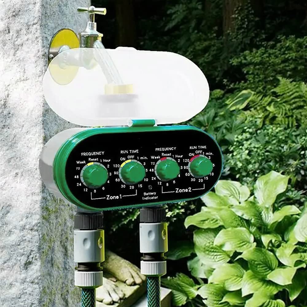 Timer automatico per irrigazione da giardino Doppia uscita per un controllo efficiente Due settori contemporaneamente. Configurazione facile con due ruote per tempo di ciclo e irrigazione.