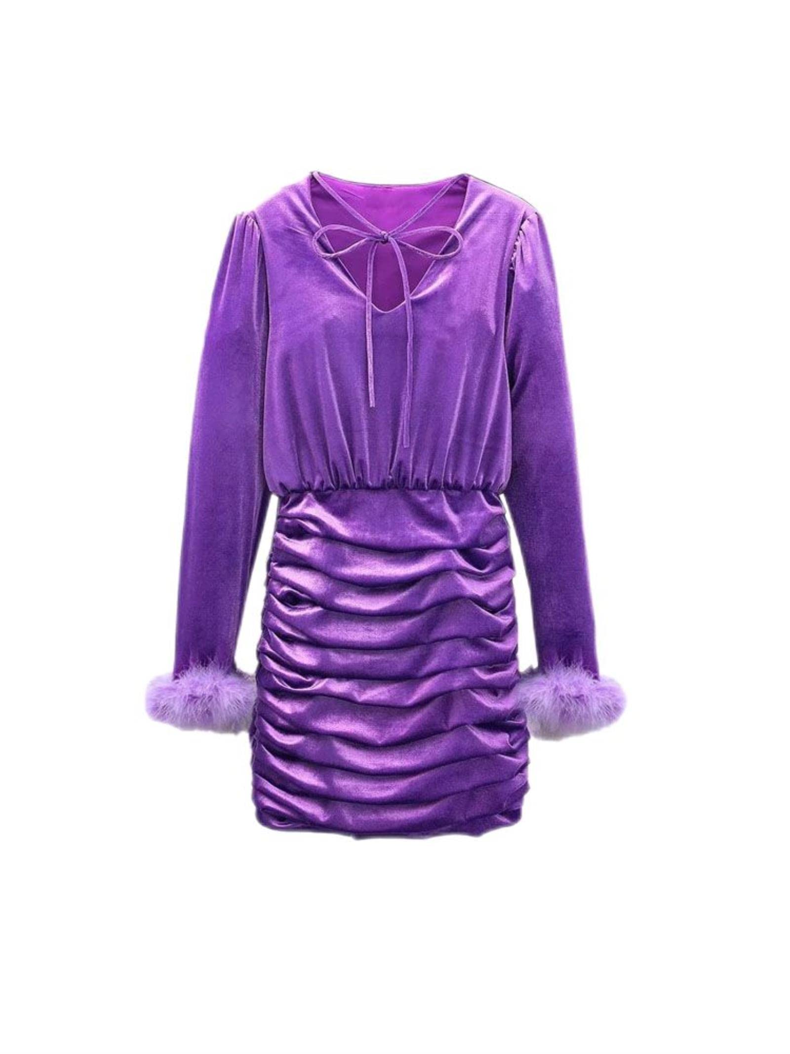 Moda delle donne con mini abito pieghettato Vintage legato V collo manica lunga abiti femminili