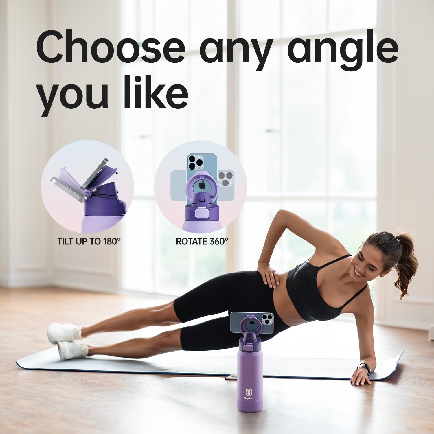 magcheer 1L Magnetic Water Bottle with Phone Holder Compatible with MagSafe Insulated Gym Cold Drink Bottle for 24 Hours Tripod Bottle for Travel & Fitness Selfie(Purple) - Image 3