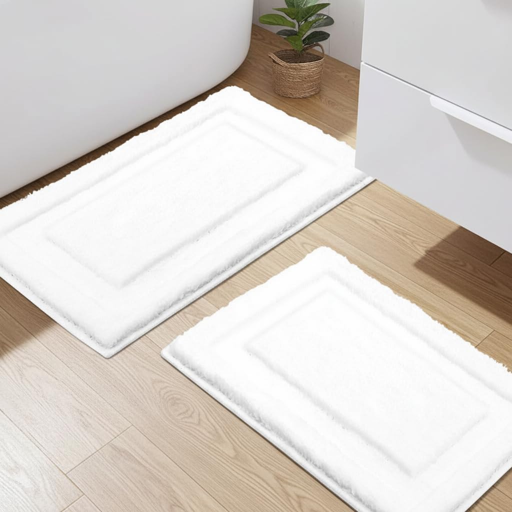 SHACOS Soft Fluffy White Bath Rugs Mats Set of 2 Pieces 16x24 + 20x32 inch, Non Slip Washable Bathroom Rugs, Microfiber Absorbent Bath Rug Plush Floor