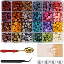 24 Colours Wax Beads Sealing Kit, 600+ Pieces Octagonal Wax Beads, Sealing Wax Kit with 4 Candles, 1 Spoon and 1 Tongs for Wedding Invitations, Envelopes, B-Cards
