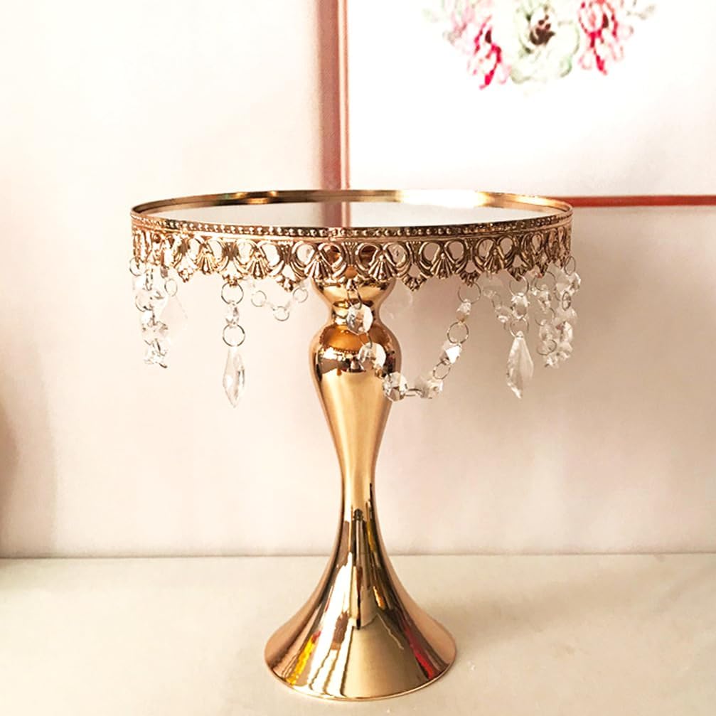 8 Inches 20 cm Gold Round Mirror Cake Stand Cupcake Stands Metal Pedestal Holder with Crystals, Party Dessert Cheese Display Plate for Wedding Party Birthday Baby Shower Celebration Home Decors