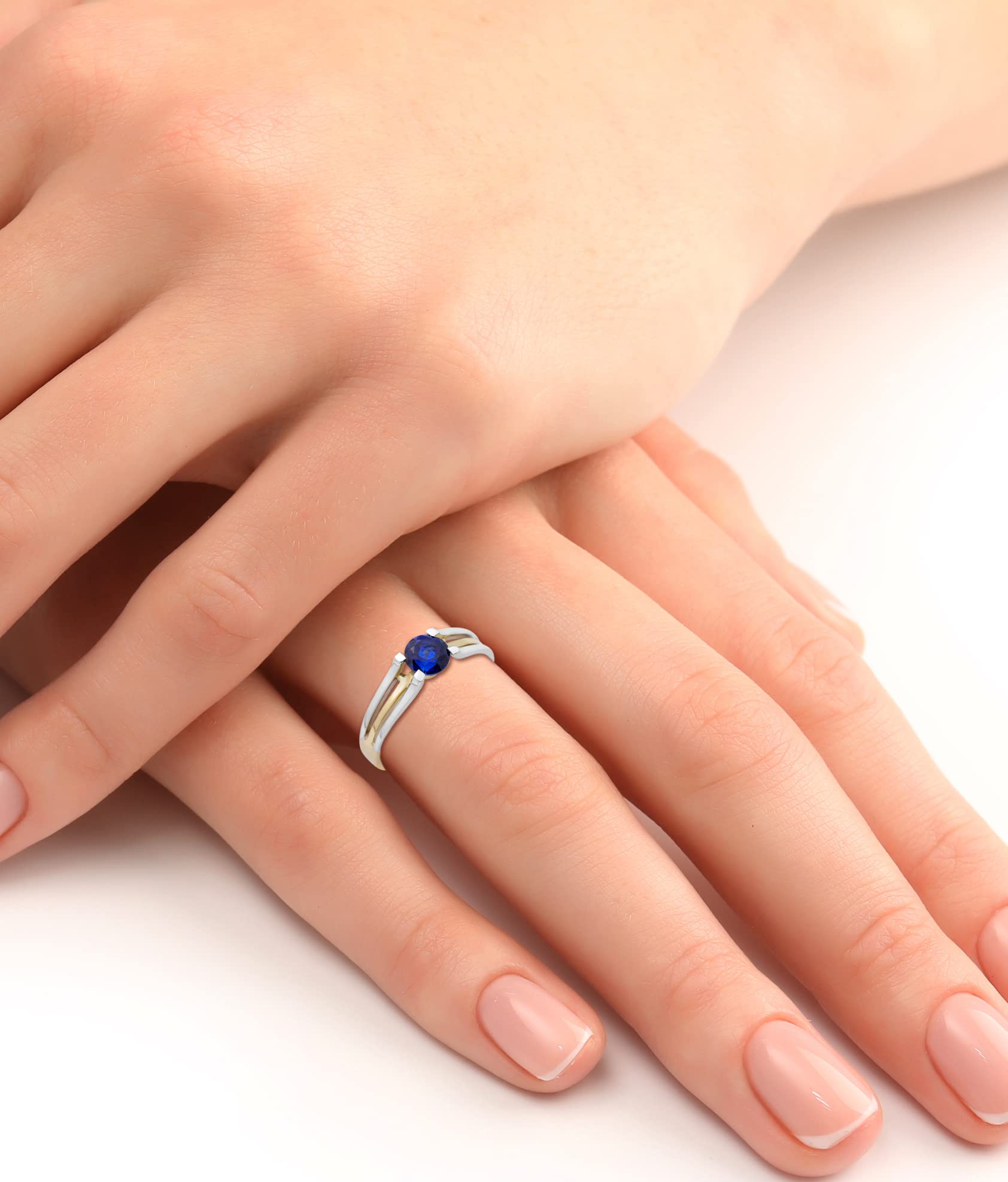 MIORE Anillo solitario mujer, oro blanco real, oro amarillo 9KT 375 con zafiro azul central, anillo de compromiso clásico con piedra brillante de color. Anillo hipoalergénico.