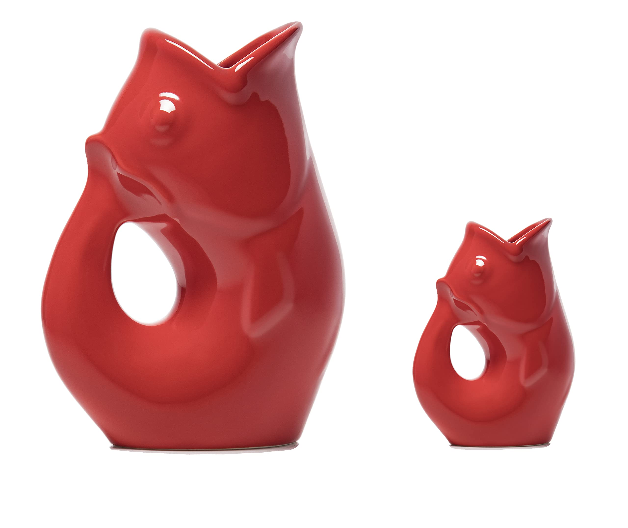 Gurgle Pot Fish Pitcher- Set of 2, Bright Red, French Inspired Design, Large Pitcher 42 oz. with matching 3 Creamer, Perfect Indoor or Outdoor Tableware., Fluid Ounces and