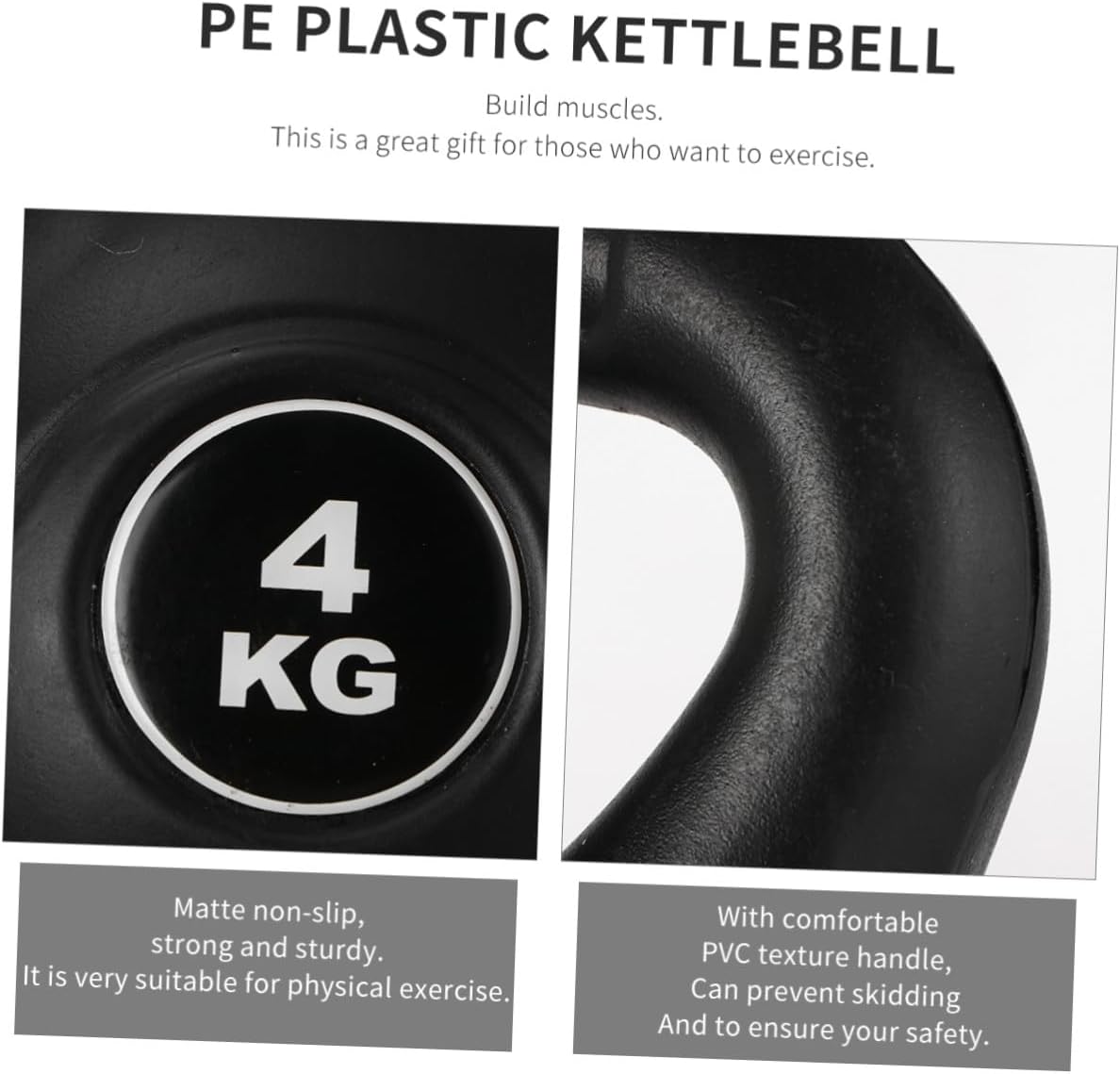 VANZACK Plastic Kettlebell 4kg Black Fixed Weight Fitness Accessory Household Kettle Bell for Strength Training Home Exercise