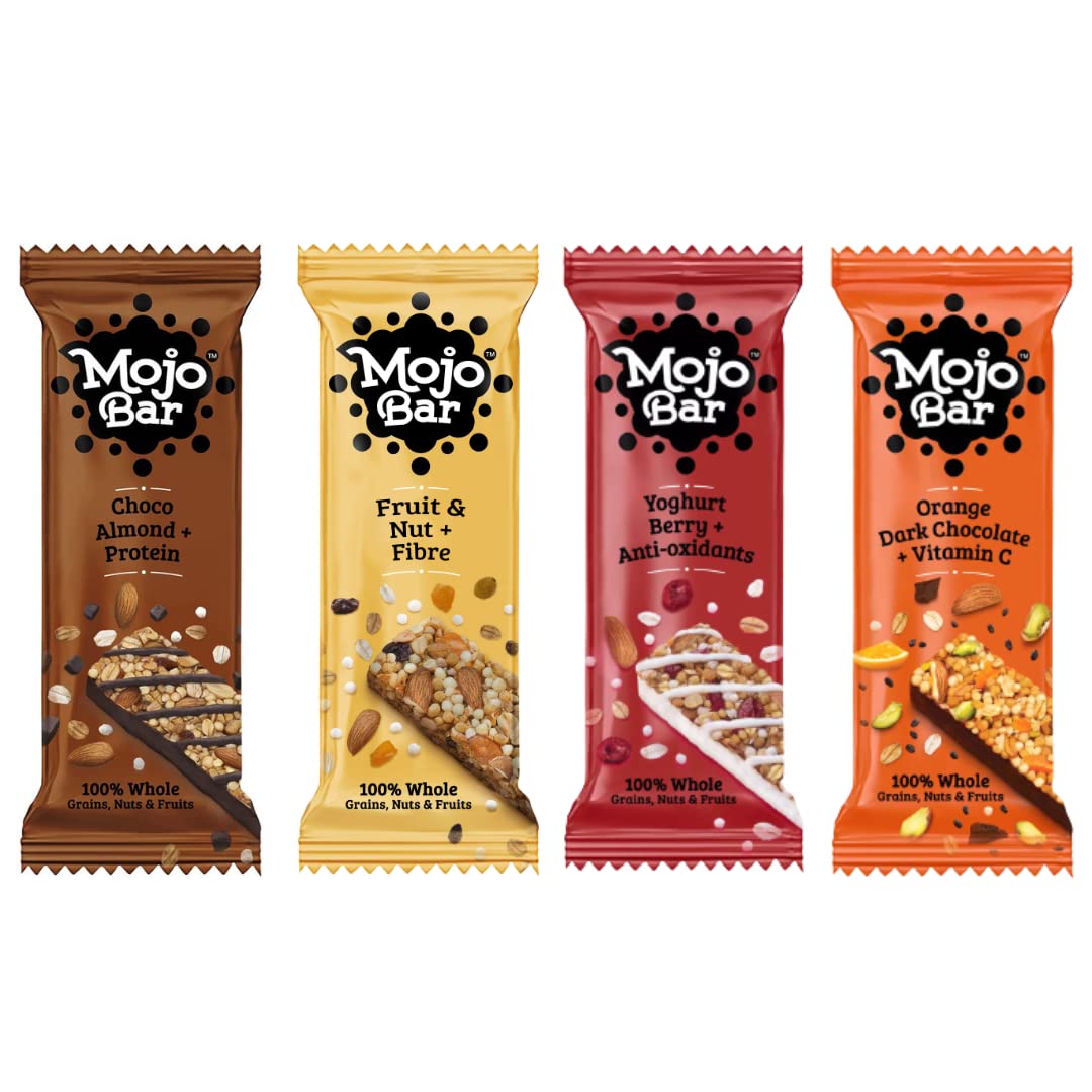 Mojo Bar Choco Almond, Yoghurt Berry, Fruit & Nut and Orange Dark