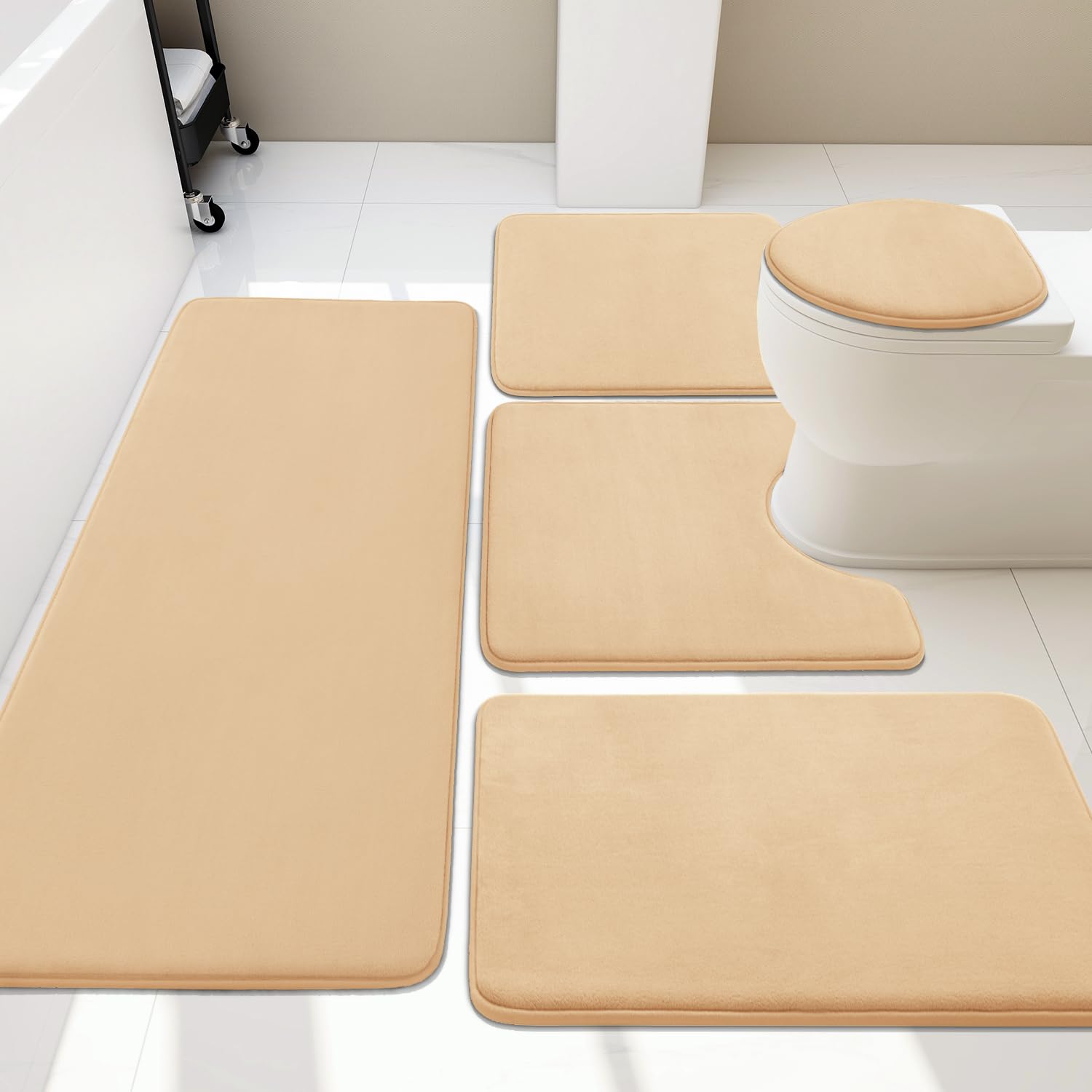 YIHOUSE Memory Foam Bath Mat Set, Super Absorbent Bath Mats - Non-Slip & Washable - Dry Quickly, Beige Bath Rugs