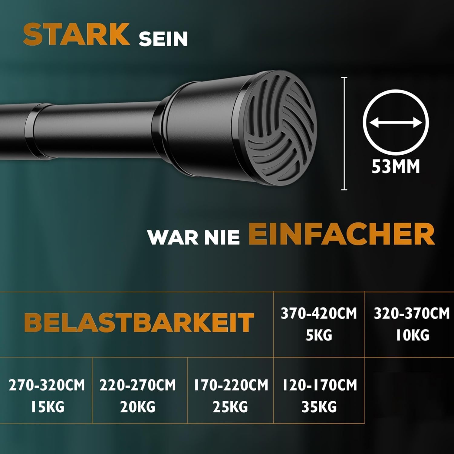 MEISENBERG Gardinenstange ohne Bohren 320-370cm, Schwarz, Ø 32 mm, Teleskopstange Balkon - Vorhangstange Klemmstange für Vorhänge, Dusche, Türöffnungen und Kleiderschrank