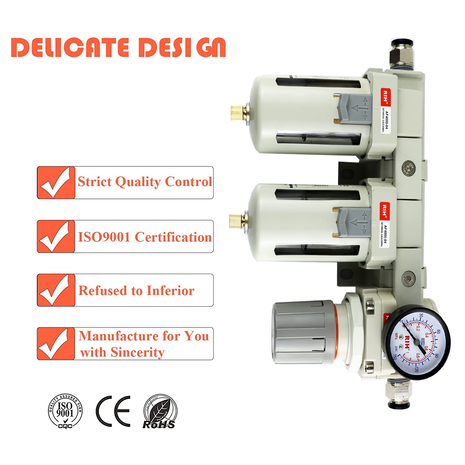 RIH Pneumatics DFR-04 Filtro y regulador doble de aire comprimido NPT de 1/2 pulgada, sistema de secado de aire, separador de agua del compresor de aire, drenaje semiautomático, cuenco de polietileno,