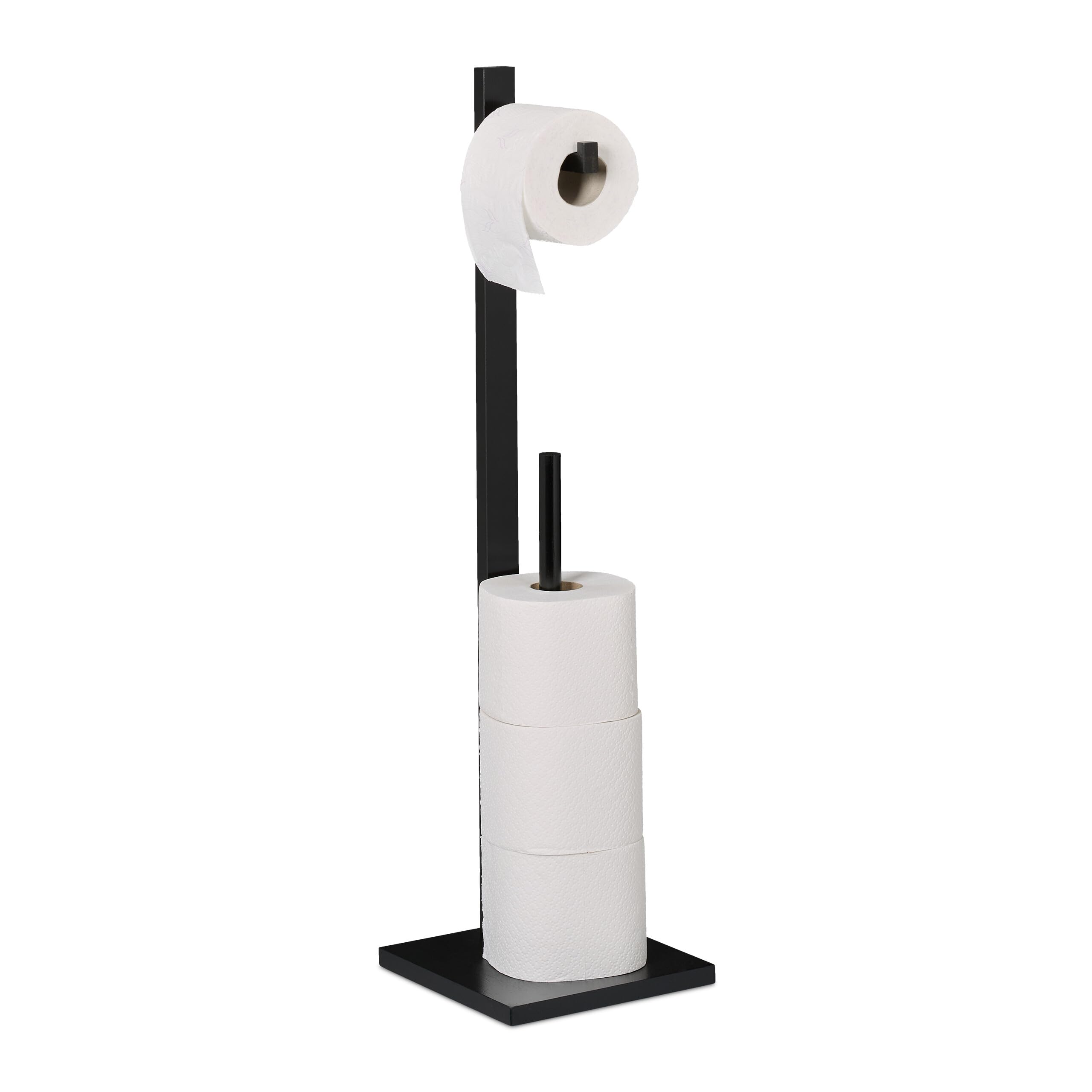 Relaxdays Toilet Paper Holder, for 5 Rolls, Freestanding Design, Bamboo & MDF, HxWxD: 71x19x19 cm, Bathroom, Black, Fibreboard