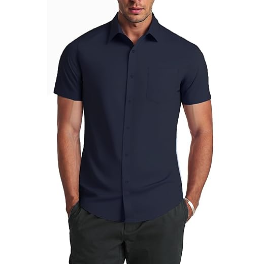 COOFANDY Camisa social masculina casual, de manga curta, negócios, casual, sem rugas, com bolsos
