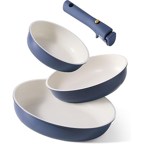 CAROTE 4pcs Non Stick Frying Pans, 8"+10"+12” Frying Pan Egg Pan Omelet Pans with Detachable Handle, Nonstick Cookware, PFOA Free, Induction Compatible & Oven Safe, Dishwasher Safe, Blue