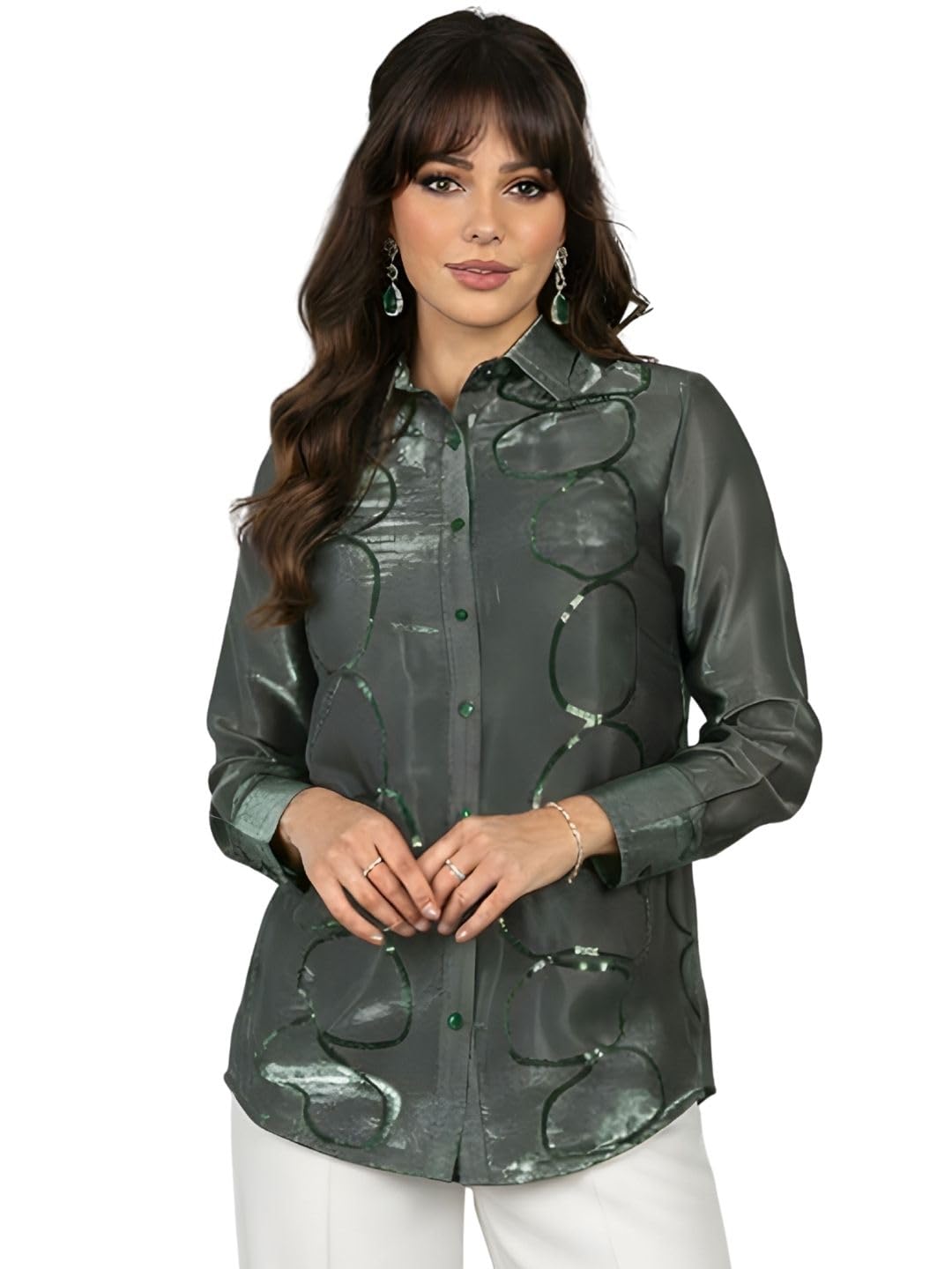 Women's Teal Sheer Sequin Embroidered Shirt Style Party Shirt | Collared Full Sleeve Glass Nylon Fabric | Elegant Top for Party, Festive-image-16
