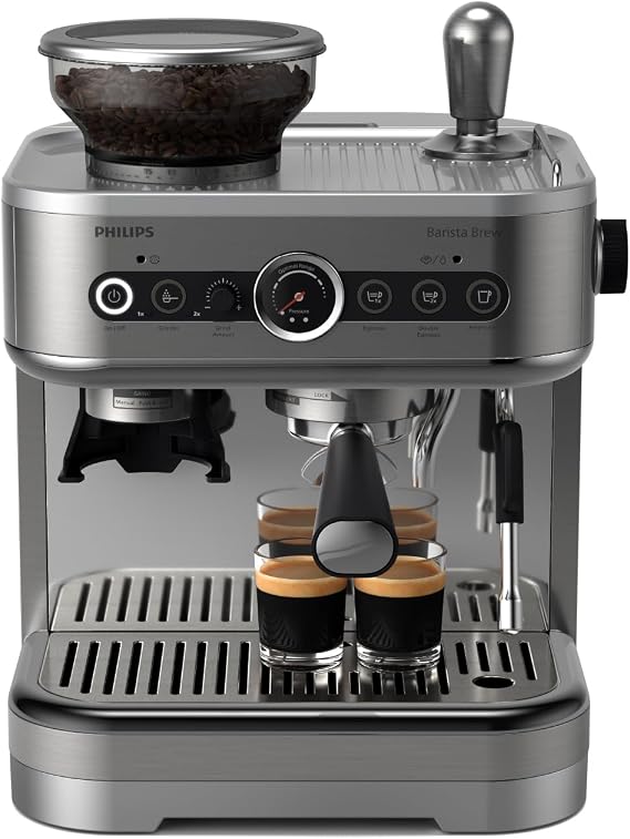 Philips Barista Brew Espresso Machine - Intuitive Guidance. Calibrated Tamping. Elegant Design. 280g Dual Bean Container with Aroma Seal. Semi Automatic Espresso Machine. Metal Silver (PSA3228/01)