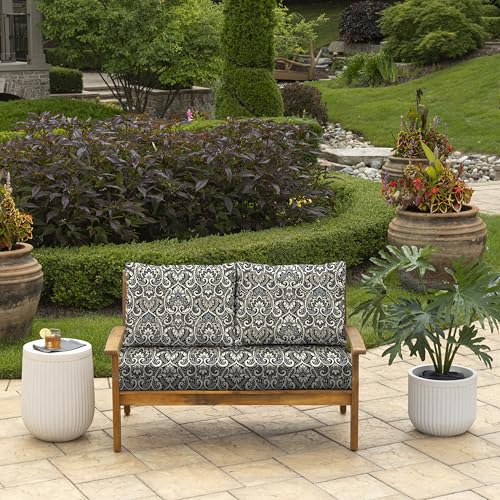 Image of Arden Outdoor Loveseat Cushion Set, 48 x 24, Rain-Proof, Fade Resistant, Cushion Set for Couch, Bench, and Swing Black Aurora Damask