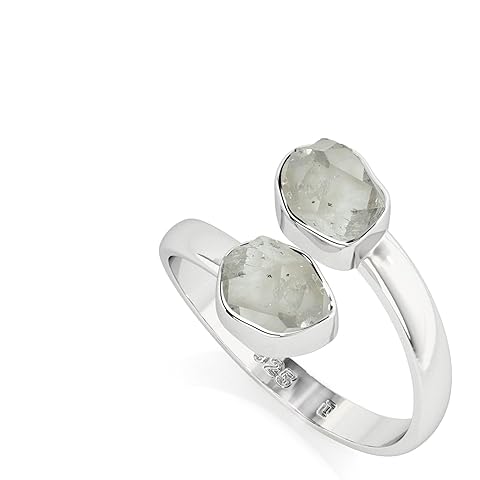 LUSTRE AND LIGHT Natural Raw/Rough Herkimer 2 Stone Size Adjustable Stackable Twister Ring for Women in Sterling Silver, April Birthstone Jewelry Gifts for Her (Bezel-Set)