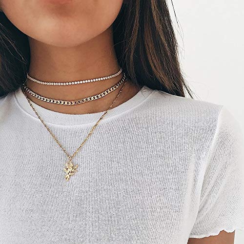 Denifery Boho Multi-layer Diamond Chain Rose Pendant Necklace Girls Women Mother Jewelry Set