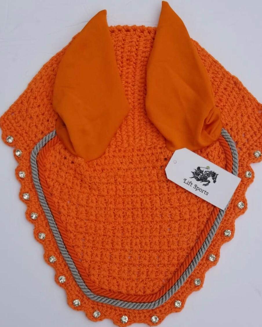 Horse Fly Bonnet with Ears Net Mask Veil with Crystals Blings Hand Made Breathable Cotton Crochet Shows Protect from Bugs and Flies (Cob, Brown)