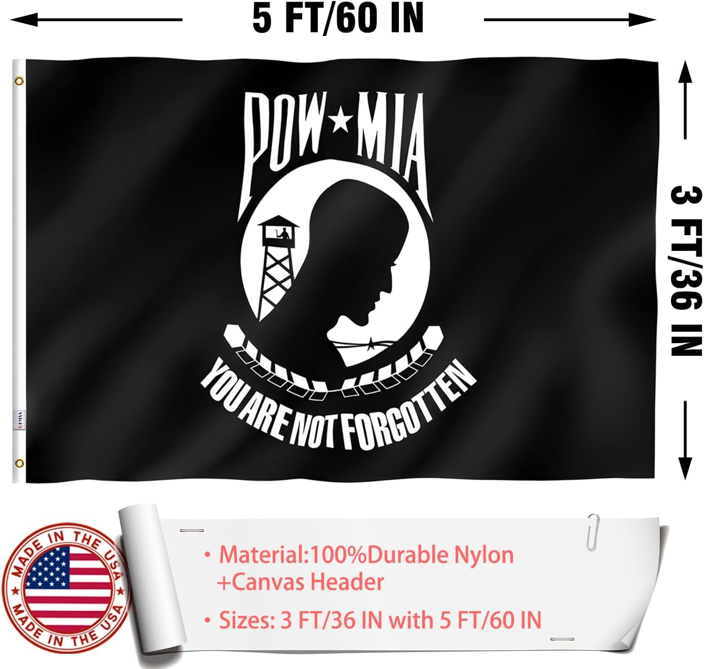 Pow Flag 3x5 Outdoor Made in USA - Double Sided Mia Flags Nylon Heavy Duty Vivid Color Pow Mia Flag with 2 Brass Grommet