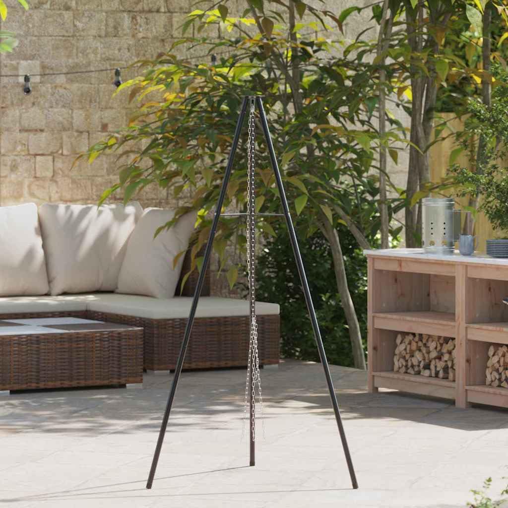 Statyw do ogniska, czarny, ze stali, 92 x 92 x 151,5 cm, przenośny, na kemping, imprezy ogrodowe, stabilny stelaż do gotowania na otwartym ogniu i wszechstronnego gotowania na świeżym