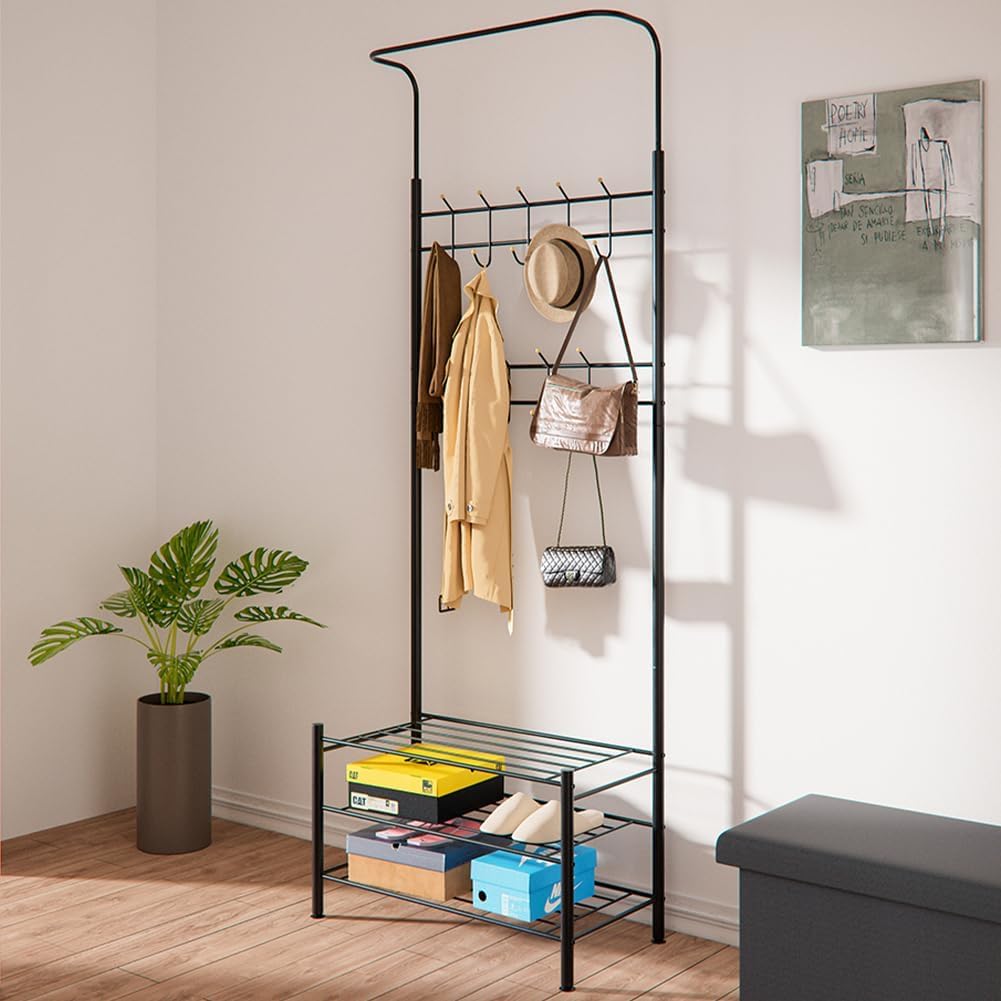 BAKAJI Stand Appendiabiti Da Terra Con Ripiano Scarpe In Metallo Scarpiera Salone Soggiorno Ingresso Camera da Letto con 3 Ripiani e 18 Ganci Multifunzionale Seduta In Metallo Nero