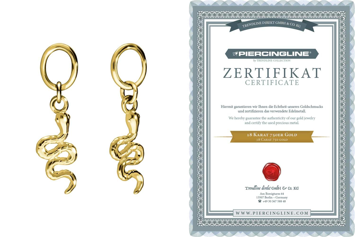 PIERCINGLINE 18 Karat Gold (750 er) Anhänger für Clicker Bauchnabelpiercing Creolen SCHLANGE Piercing Gelbgold