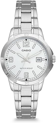 Casio LTP-V004D-7B2 Reloj de mujer de acero inoxidable con esfera plateada y fecha, Movimiento de cuarzo