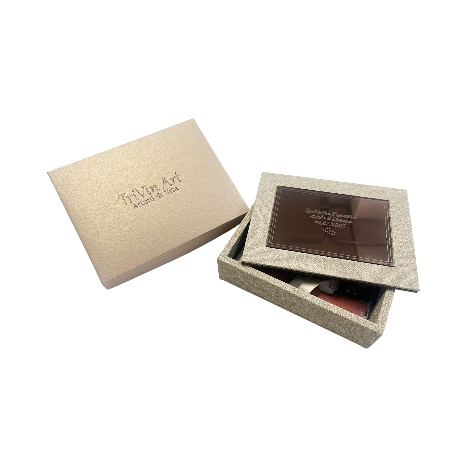 Caja portafotos - Box Mirror - cierre magnético, toda de madera recubierta con piel sintética, con placa de plexiglás espejo, personalizable con grabado, en varios formatos, idea de regalo, eventos
