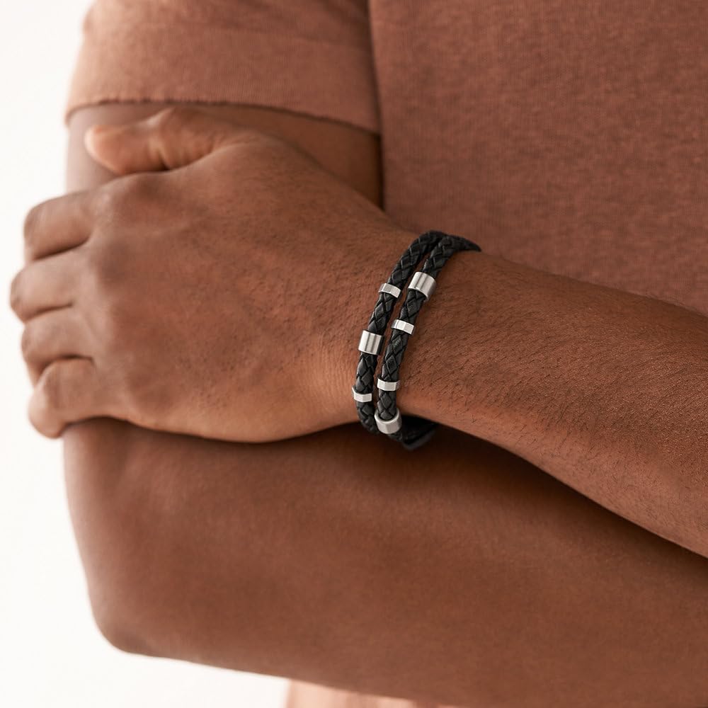 FOSSIL Armband für Männer Leather Essentials, Schwarzes Lederarmband, Länge: 256mm, Breite: 13.7mm, JF04473040