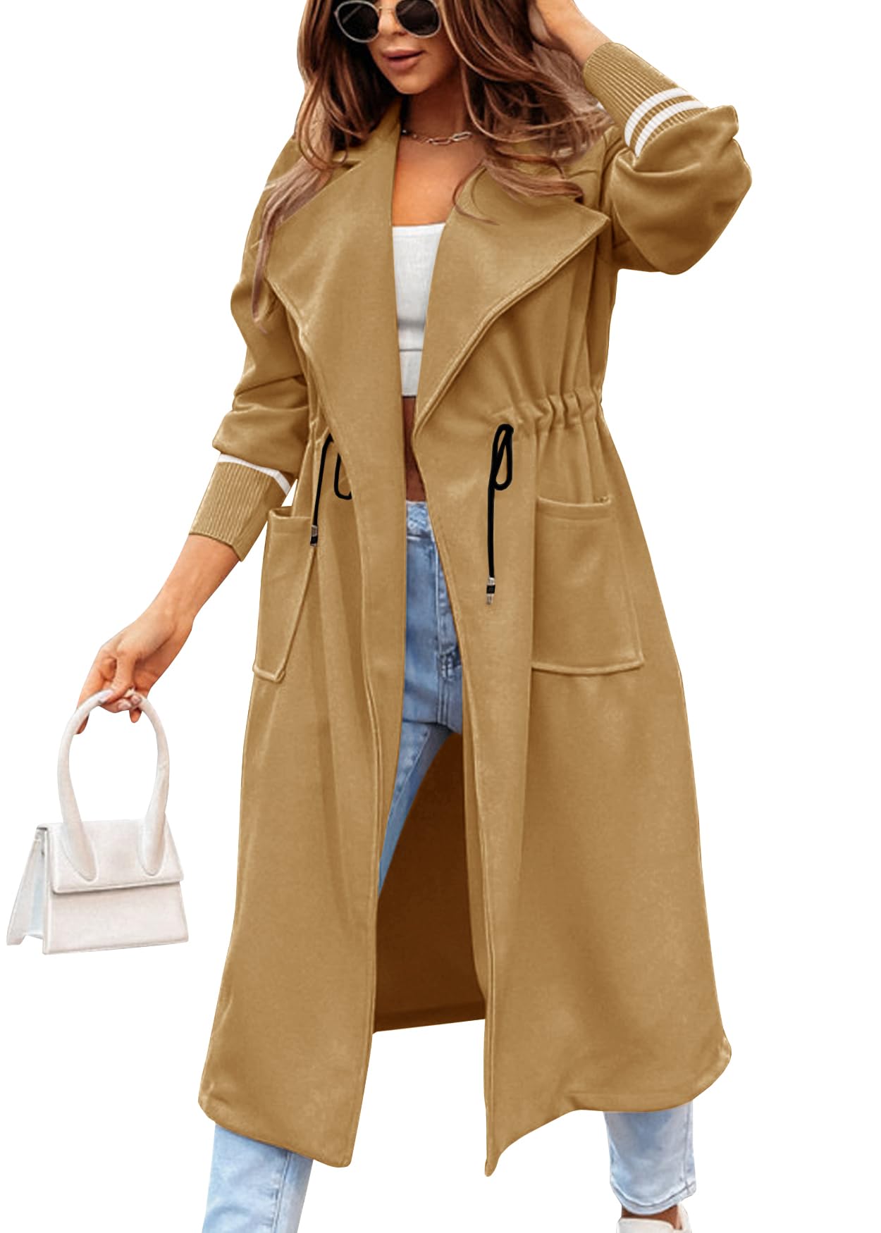 Fazortev Women Coat Pocket Casual Drawstring Waist Open Front Classic Lapel Overcoat