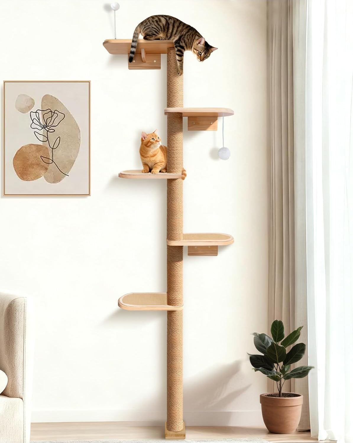 Katzen Wandkratzbaum 210cm, 5 Etagen mit Natursisal | 210cm hoher Katzen Kratzbaum, 5 Ebenen mit natürlichem Sisalseil, platzsparende Wandmontage, ideal zum Klettern und Kratzen