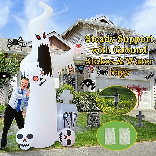 12 FT Halloween Inflatables Outdoor Halloween Blow Up Yard Decorations Horror White Ghost with 3 Skull Heads Bleeding Eyeball Tombstone Halloween Decorations Clearance for Party Yard Garden4