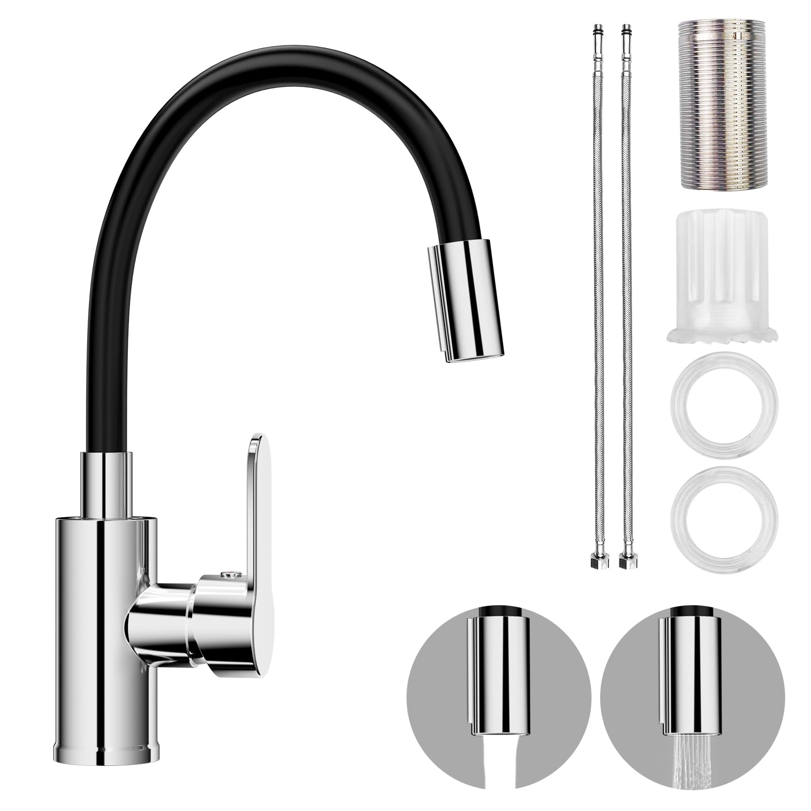 Mitigeur Évier avec Bec Flexible, Robinet Cuisine Noir, Cuisine Mitigeur Rotative à 360°, Robinet de Flexible, Faucet Evier avec Deux Fonctions de Pulvérisation