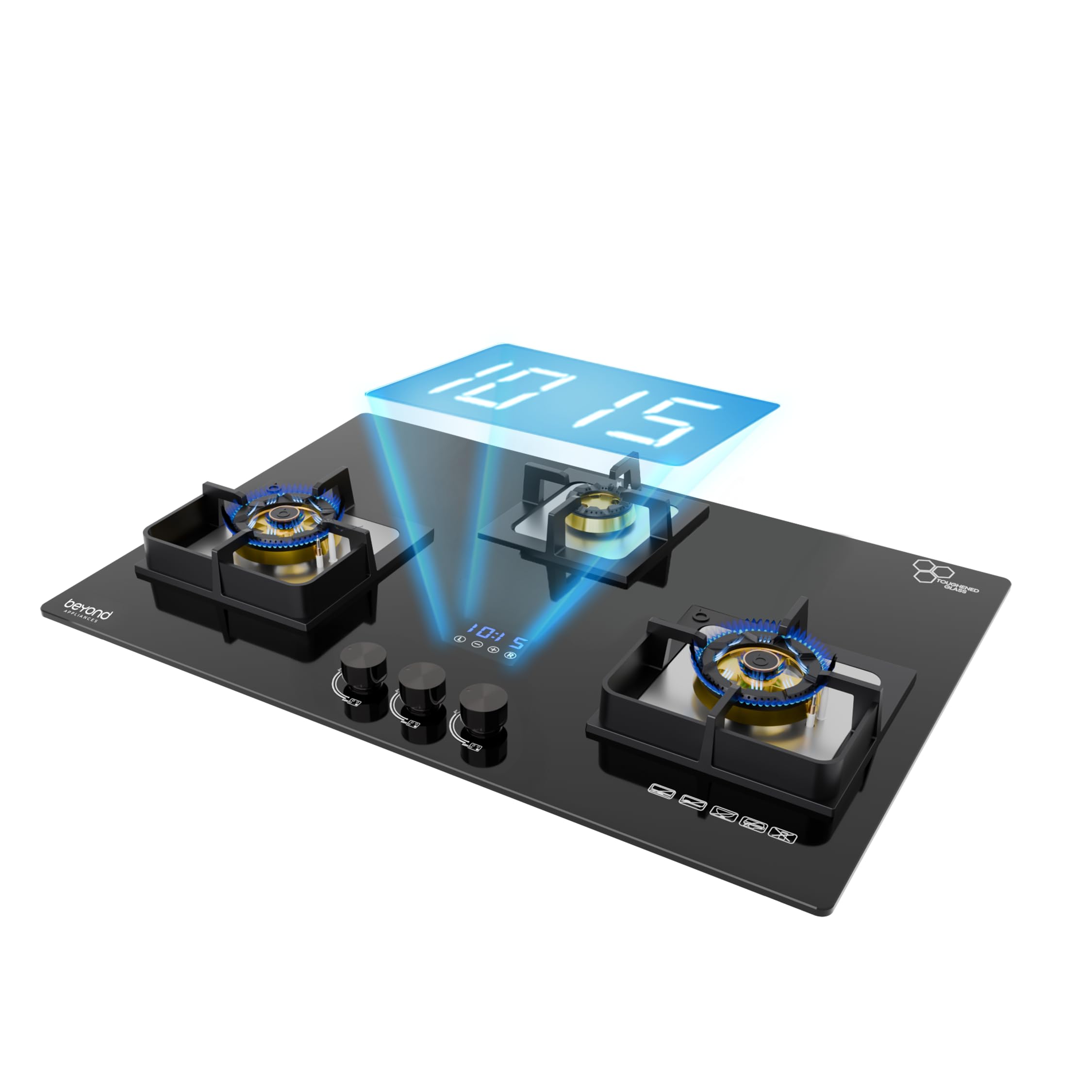 Beyond Appliances Dorado 3 Burner Smart Glass Hobtop Gas Stove | Auto Ignition | Digital Timer | Flame Failure Device | Toughened Glass | LPG & PNG Compatible